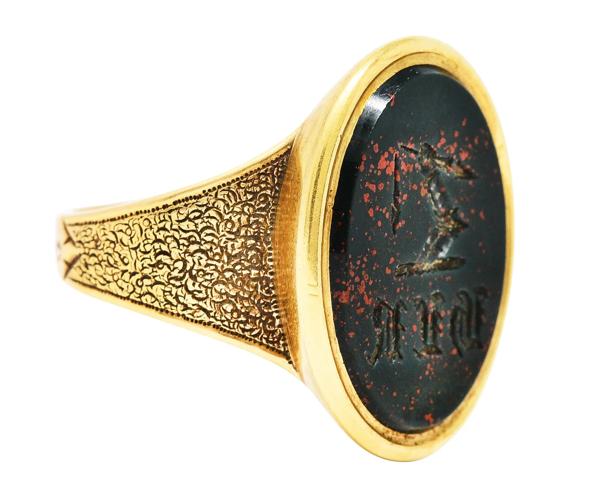Victorian Bloodstone 18 Karat Gold Intaglio Monogram Signet Unisex Ring