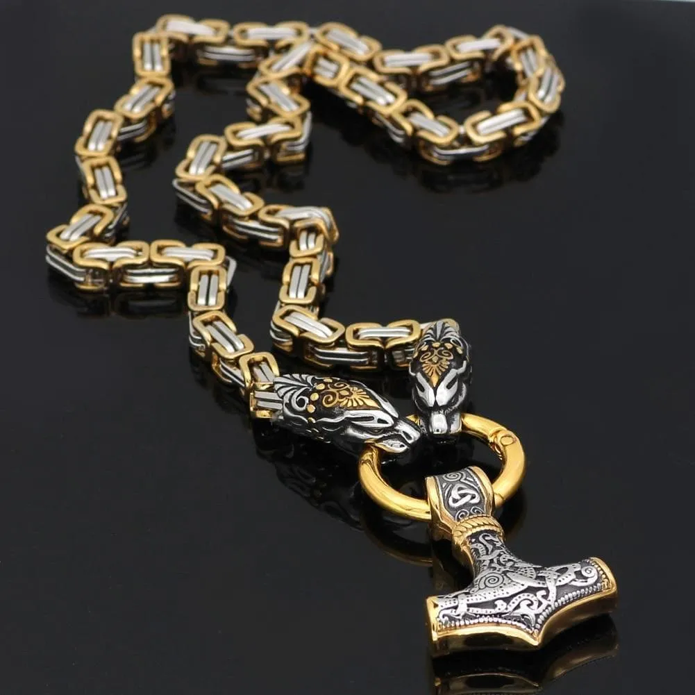 Viking Necklace Men Stainless Steel Wolf mjonirl Necklace Chain