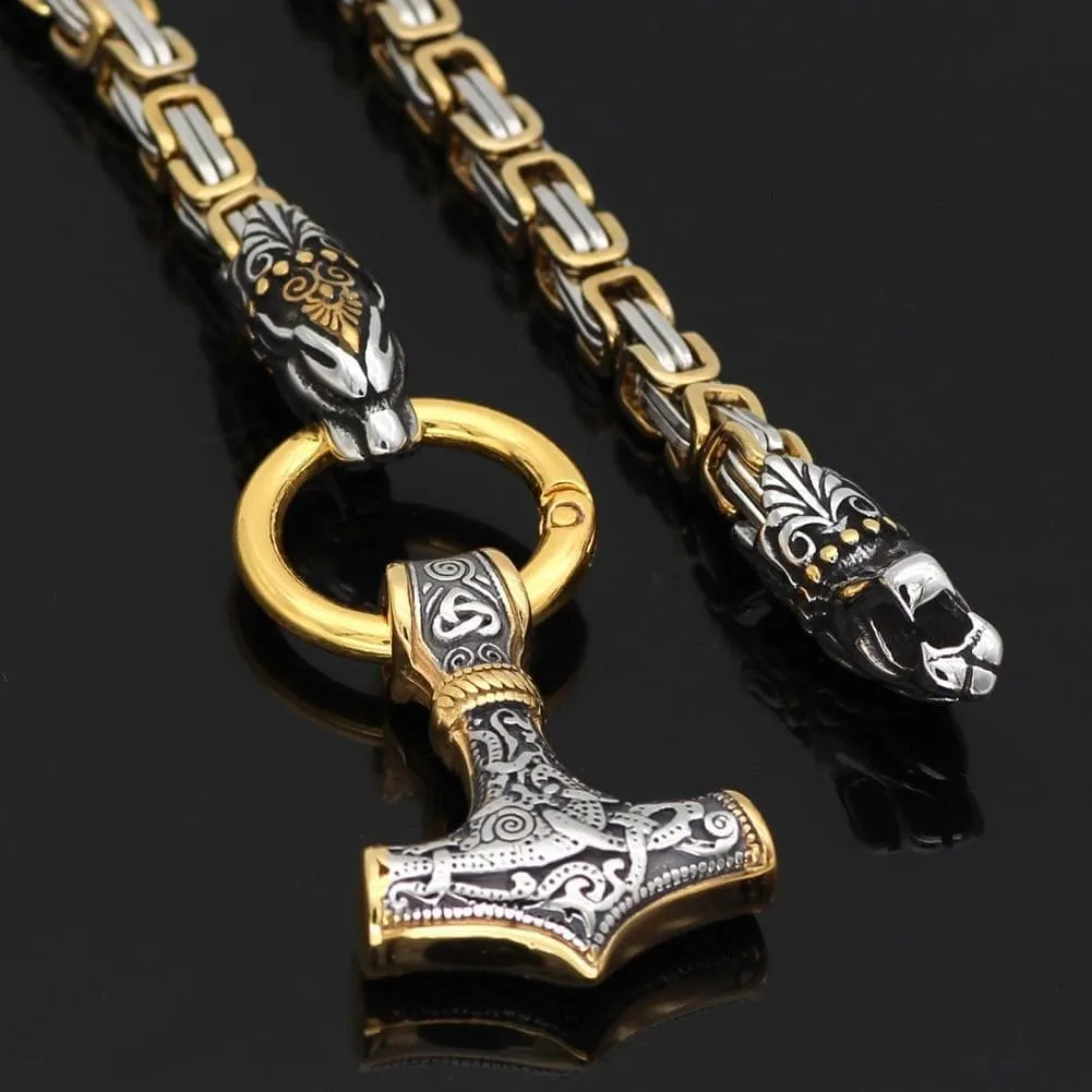 Viking Necklace Men Stainless Steel Wolf mjonirl Necklace Chain