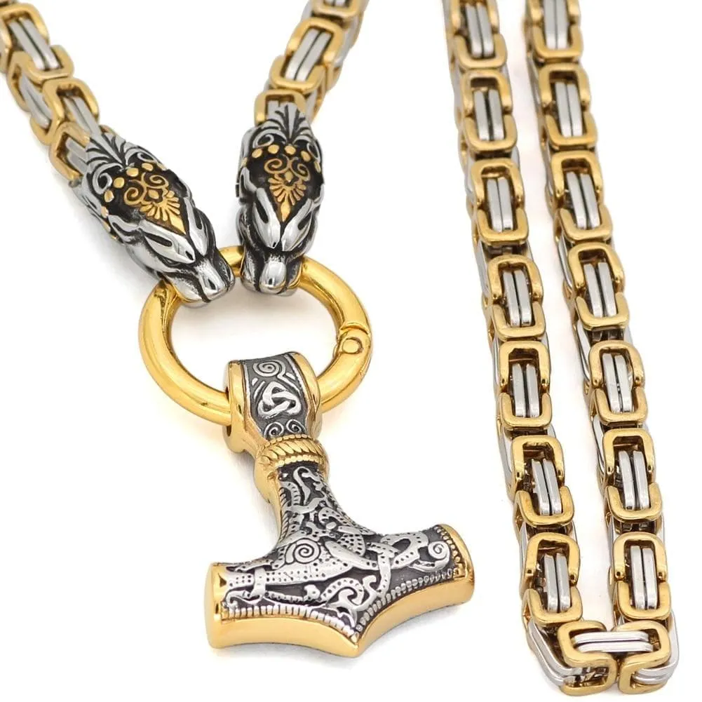 Viking Necklace Men Stainless Steel Wolf mjonirl Necklace Chain
