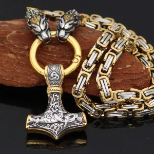 Viking Necklace Men Stainless Steel Wolf mjonirl Necklace Chain
