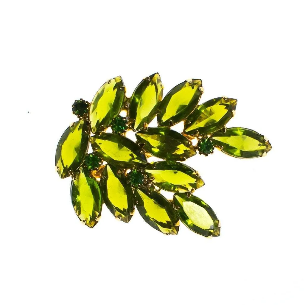 Vintage 1950s chartreuse green rhinestone cluster brooch