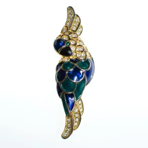 Vintage 1980s Colorful Emerald Green and Sapphire Blue Cockatoo Parrot Brooch with Rhinestones