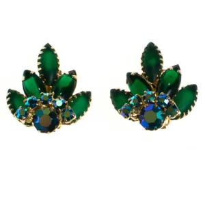 Vintage Emerald Green and Blue Aurora Borealis Rhinestone Statement Earrings