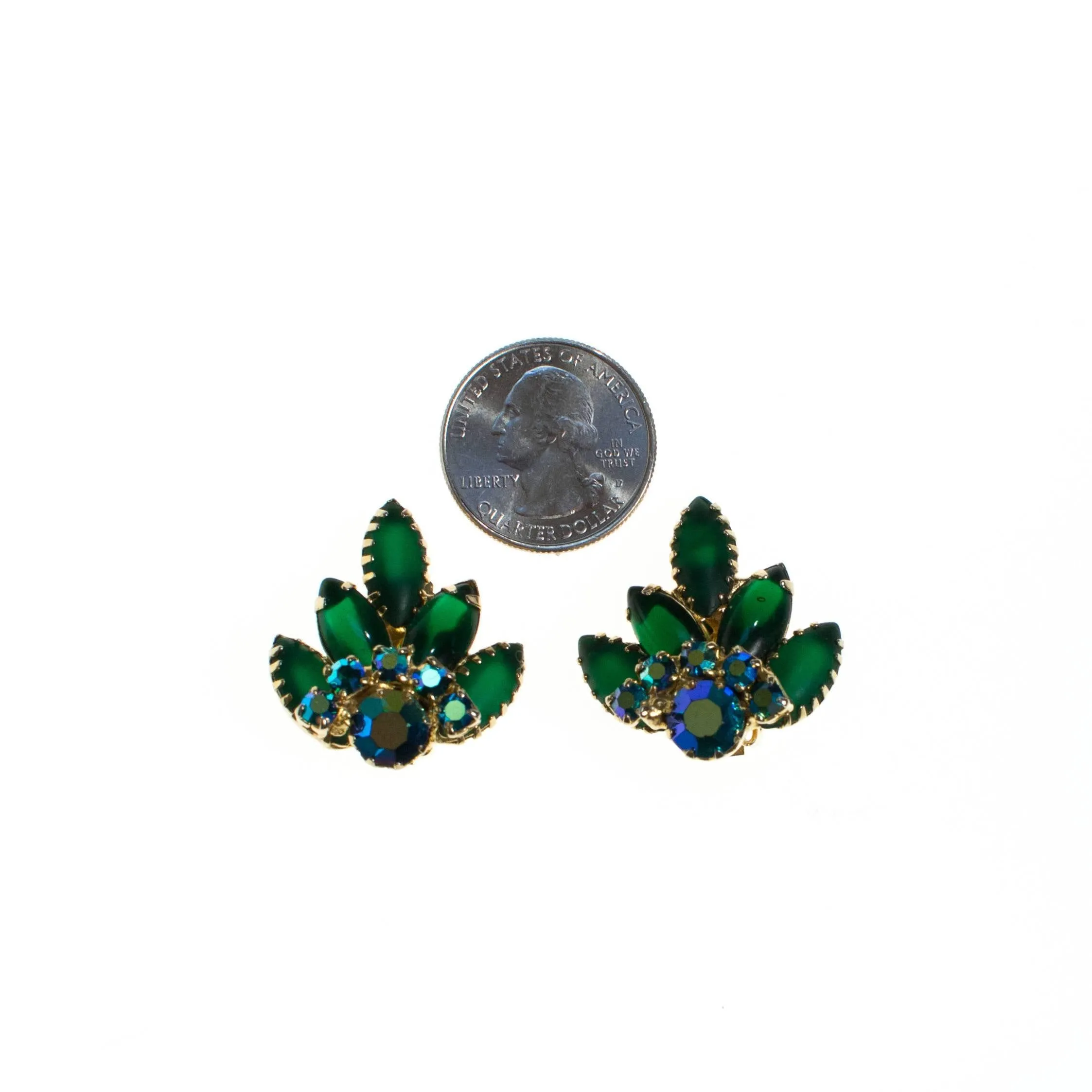 Vintage Emerald Green and Blue Aurora Borealis Rhinestone Statement Earrings