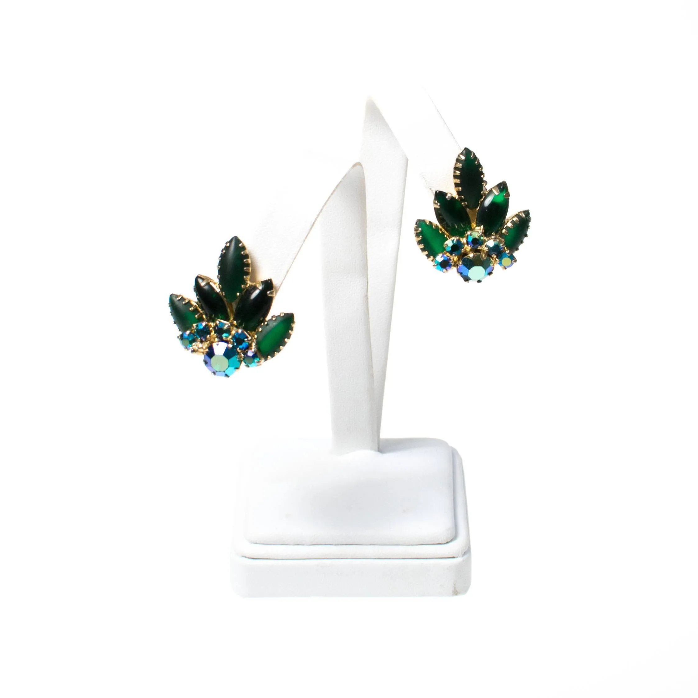 Vintage Emerald Green and Blue Aurora Borealis Rhinestone Statement Earrings