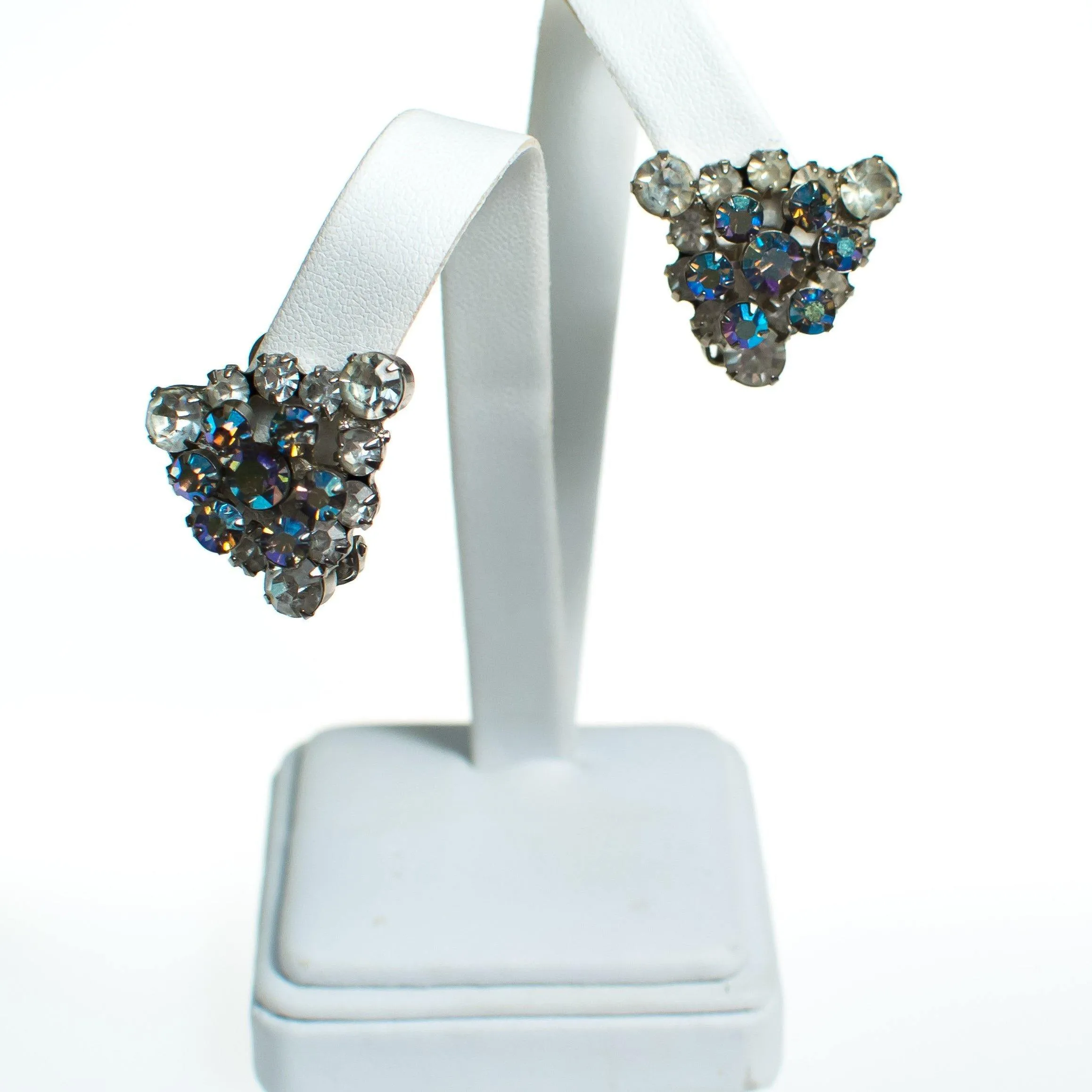 Vintage Rhinestone Earrings, Diamante and Aurora Borealis Rhinestones, Rainbow Iridescent Rhinestones, Clip-on Triangular Earrings