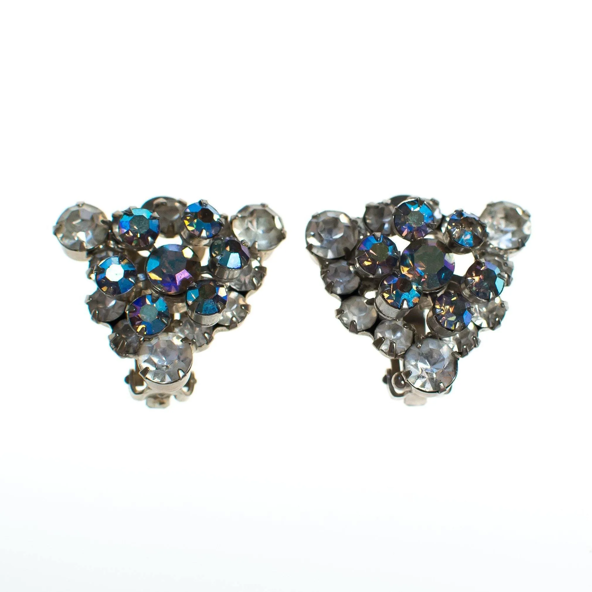 Vintage Rhinestone Earrings, Diamante and Aurora Borealis Rhinestones, Rainbow Iridescent Rhinestones, Clip-on Triangular Earrings