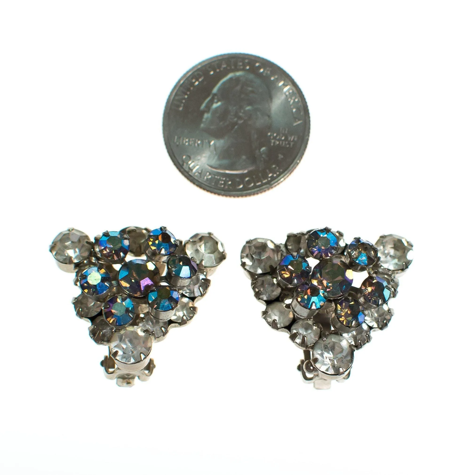 Vintage Rhinestone Earrings, Diamante and Aurora Borealis Rhinestones, Rainbow Iridescent Rhinestones, Clip-on Triangular Earrings