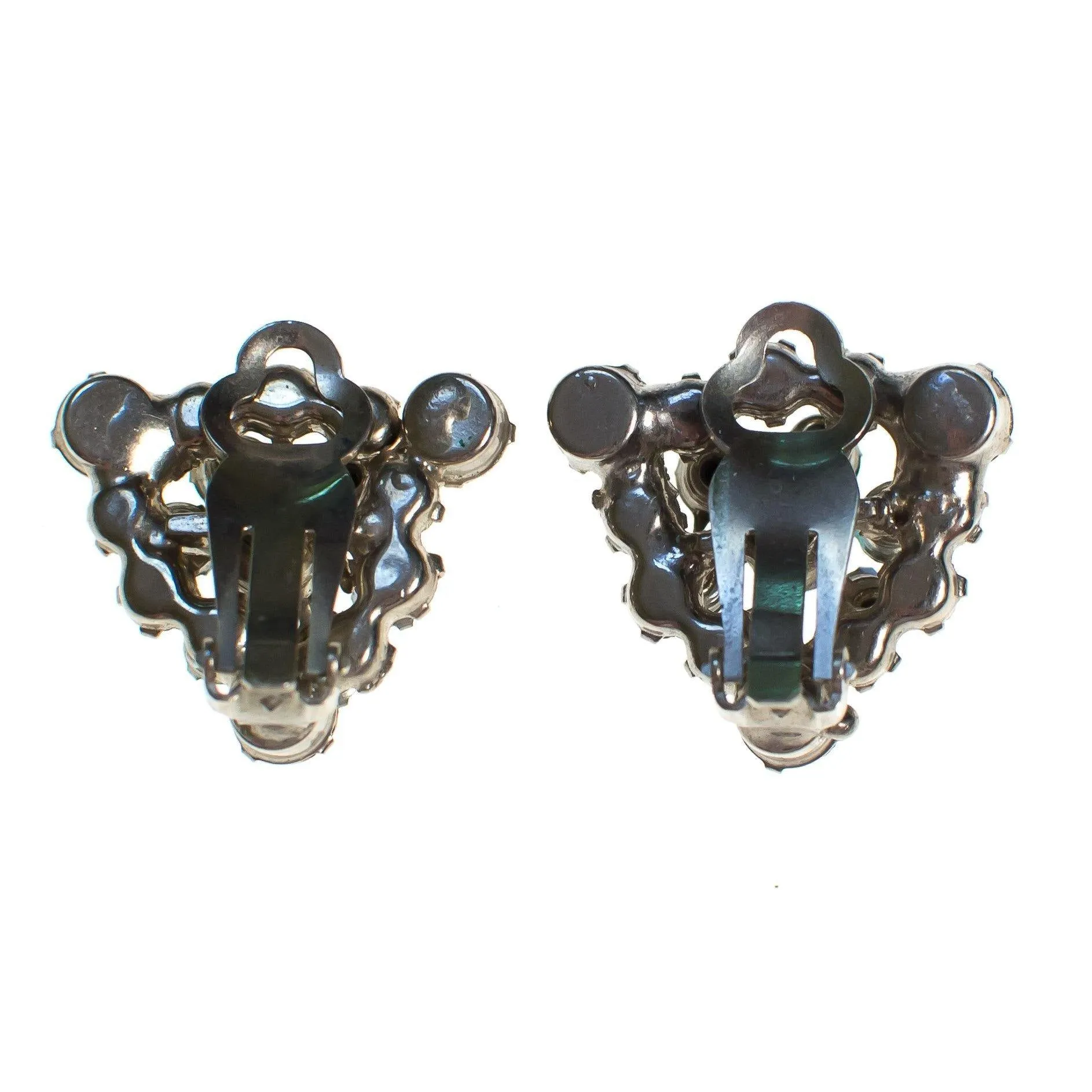 Vintage Rhinestone Earrings, Diamante and Aurora Borealis Rhinestones, Rainbow Iridescent Rhinestones, Clip-on Triangular Earrings