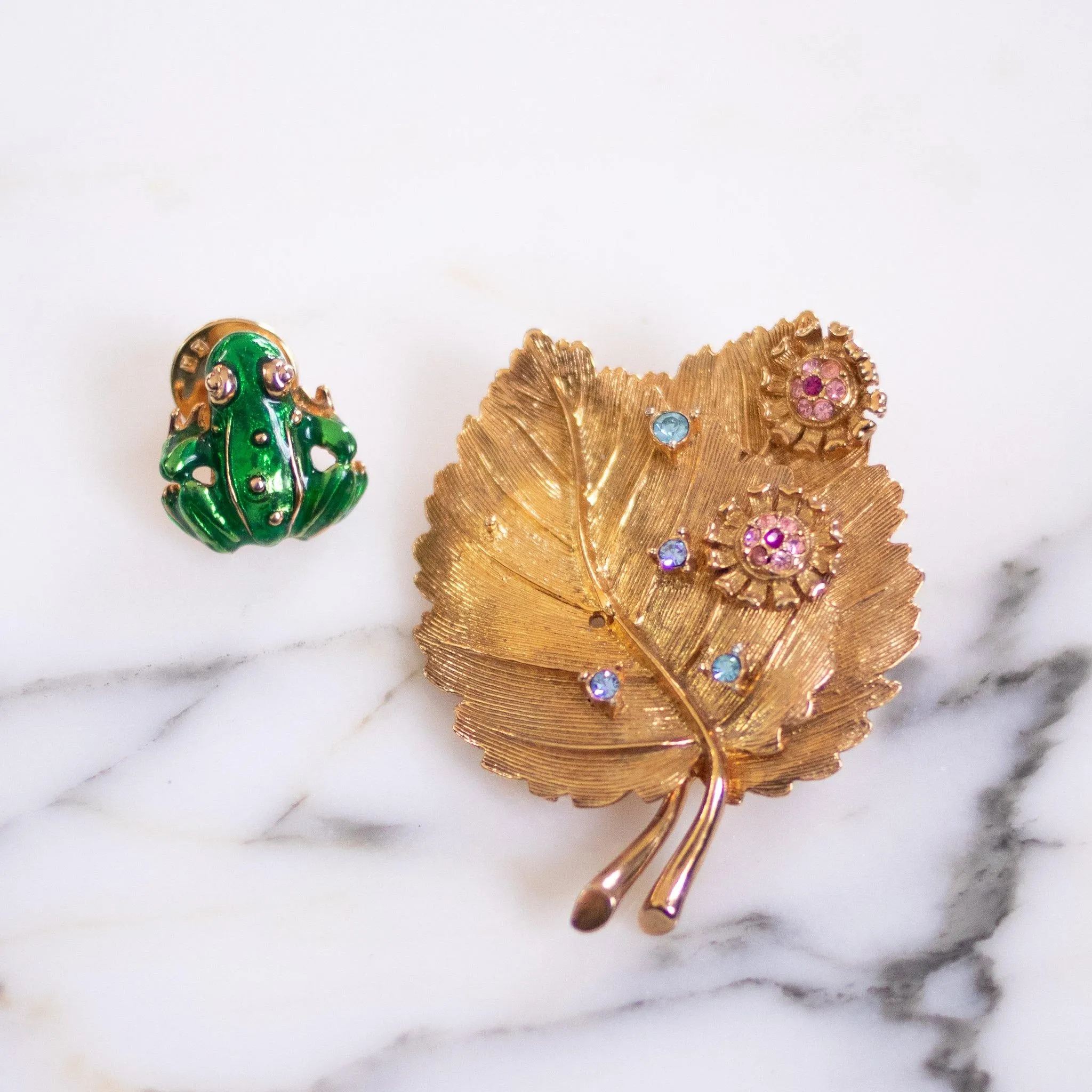 Vintage RJ Graziano Gold Bejeweled Leaf Brooch with Frog