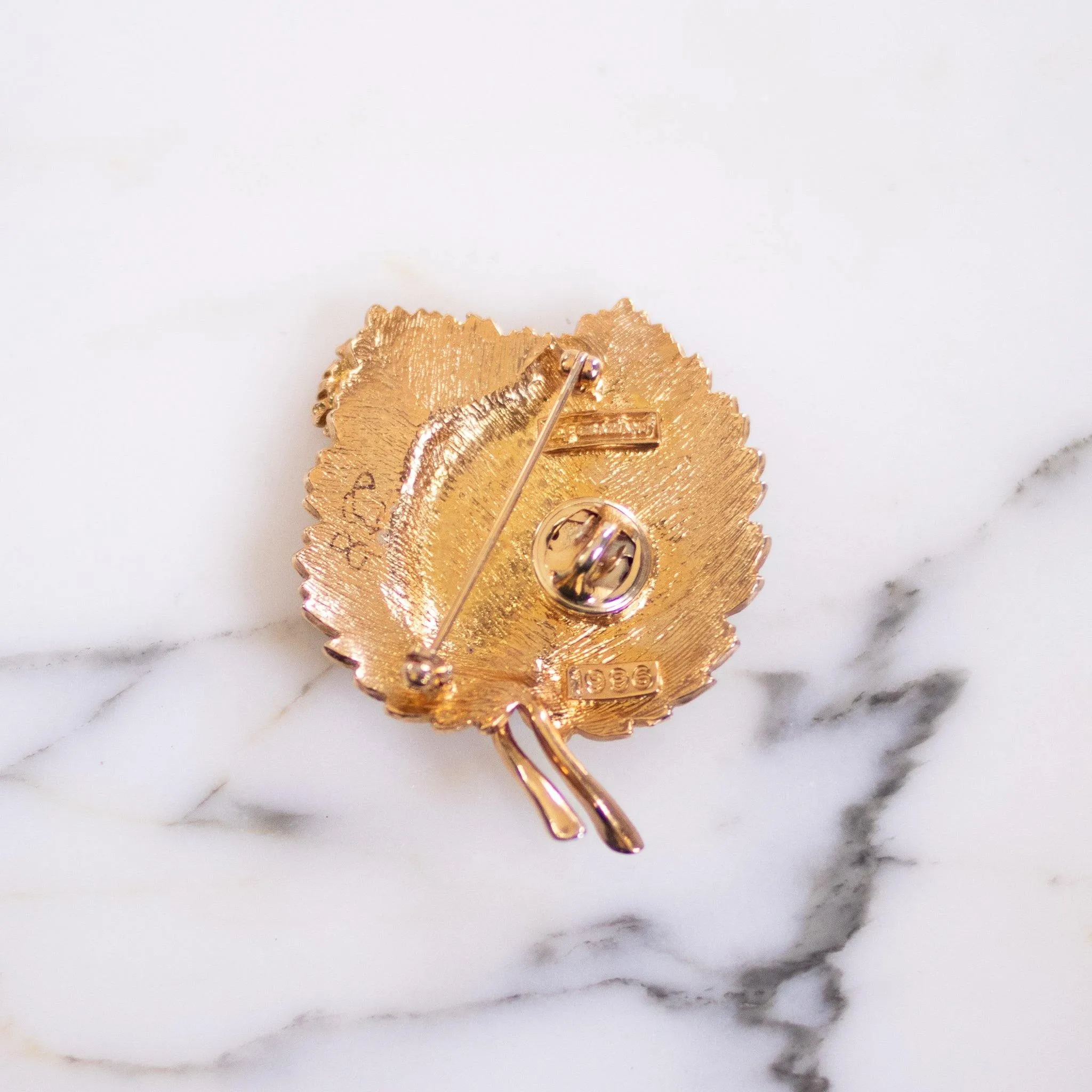 Vintage RJ Graziano Gold Bejeweled Leaf Brooch with Frog