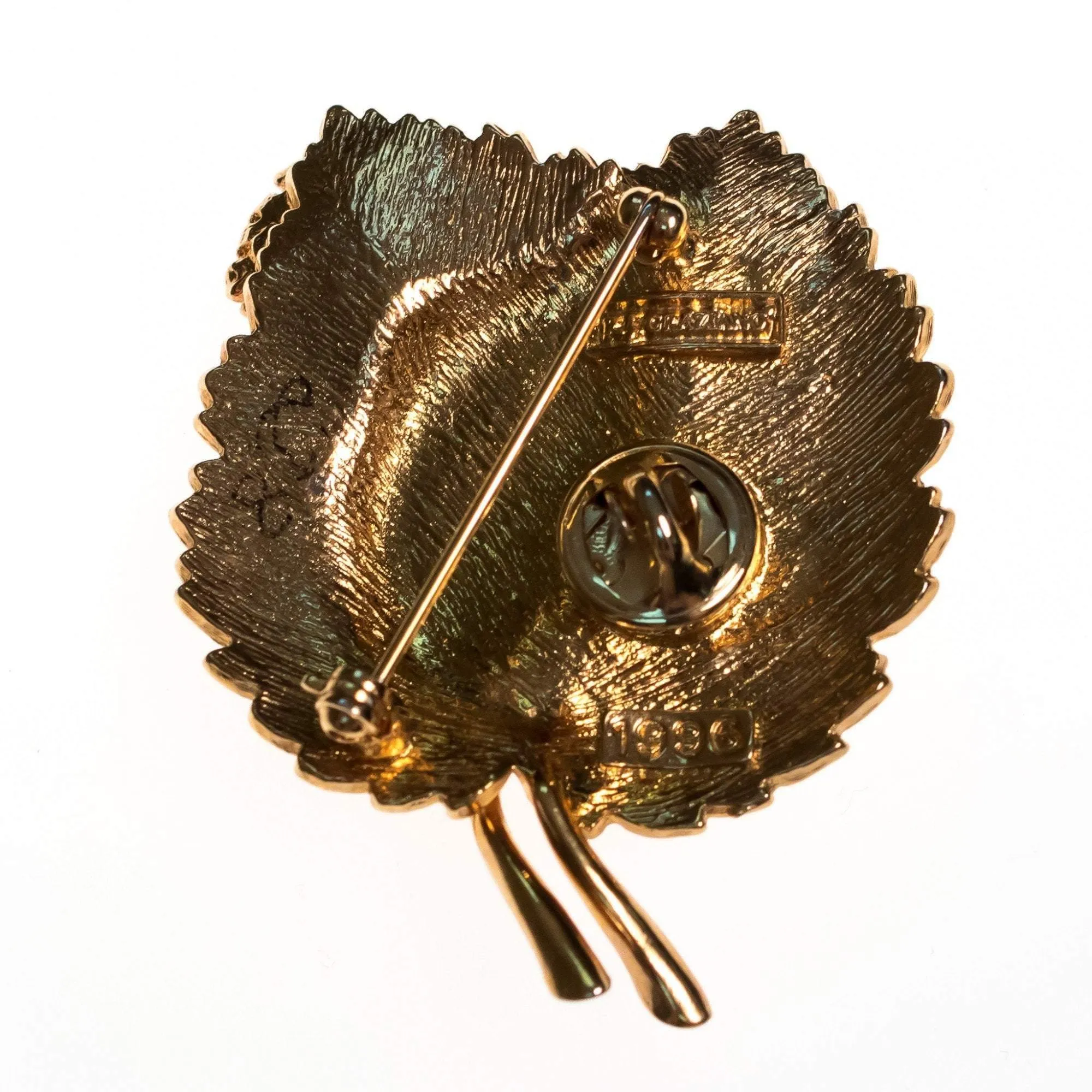 Vintage RJ Graziano Gold Bejeweled Leaf Brooch with Frog