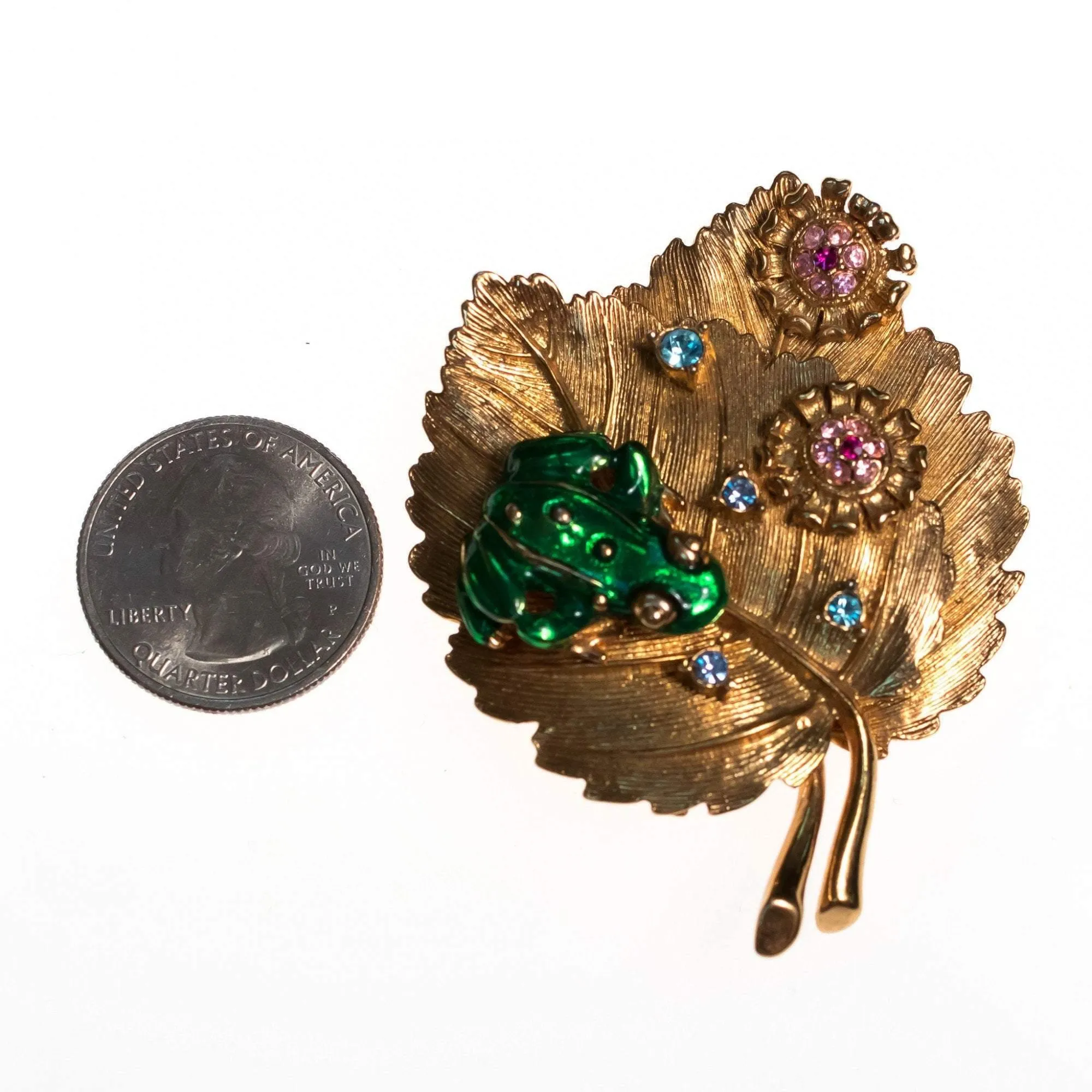 Vintage RJ Graziano Gold Bejeweled Leaf Brooch with Frog