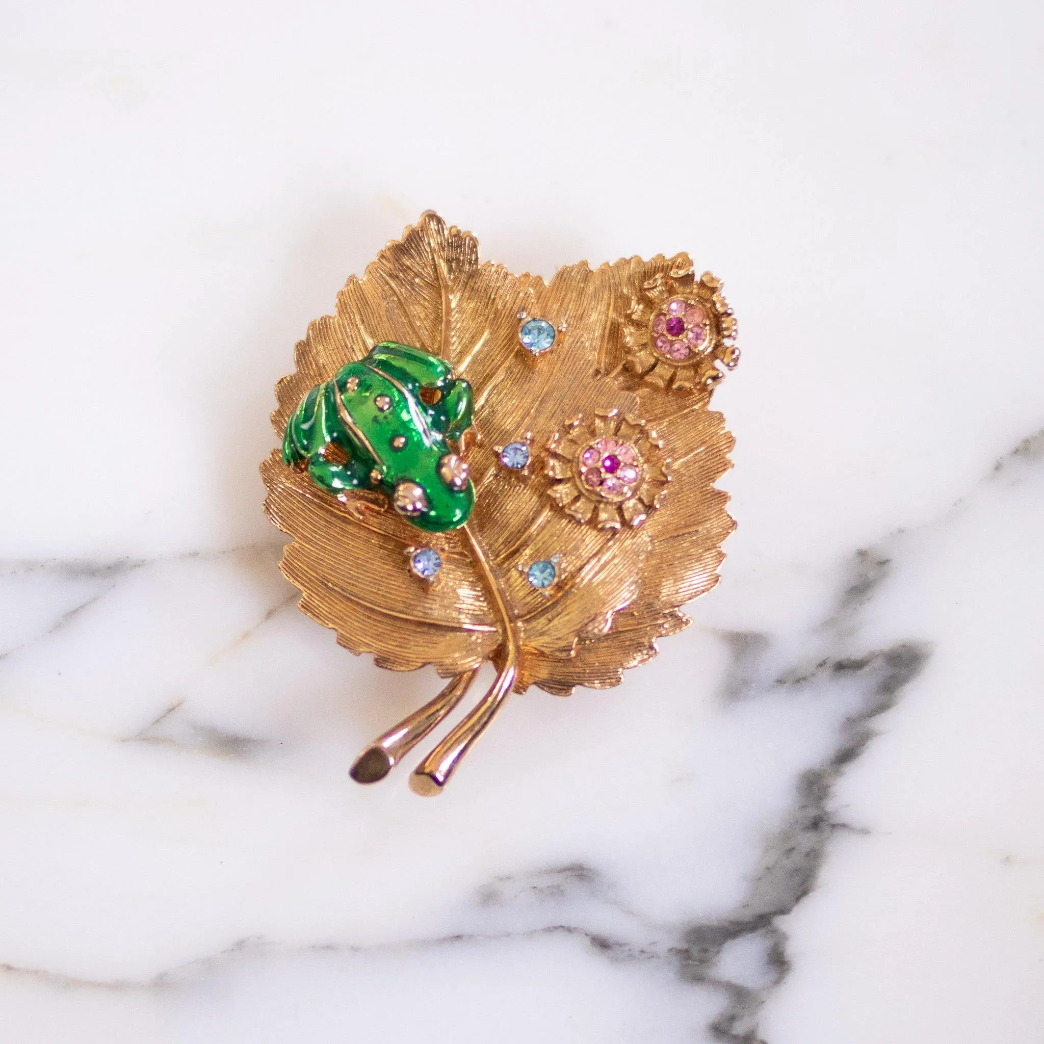 Vintage RJ Graziano Gold Bejeweled Leaf Brooch with Frog