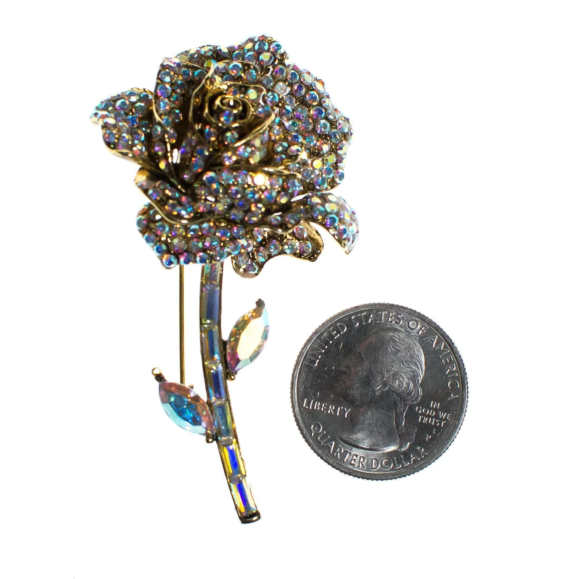 Vintage Sparkling Aurora Borealis Rhinestone Rose Brooch