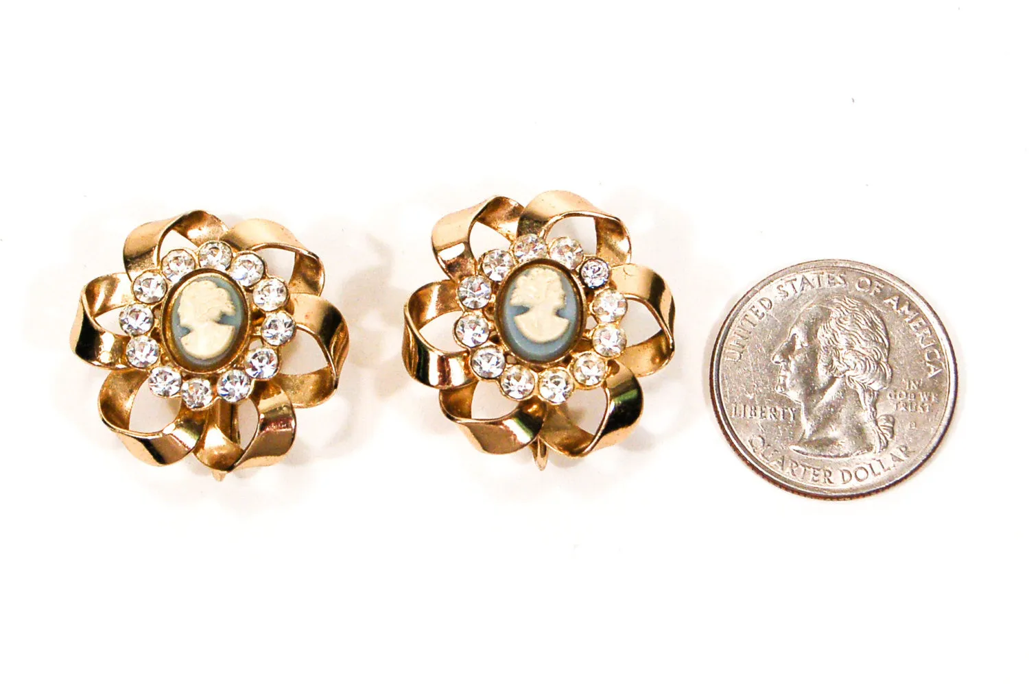Wedgewood Blue and Rhinestone Cameo Earrings