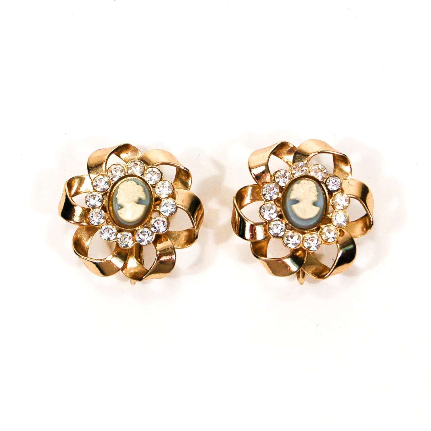 Wedgewood Blue and Rhinestone Cameo Earrings
