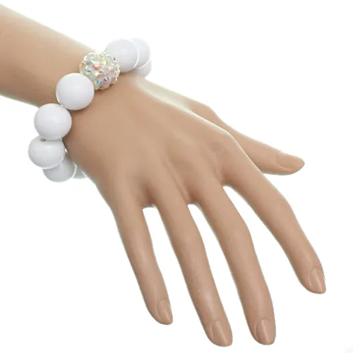White Large Fireball Beaded Stretch Bracelet