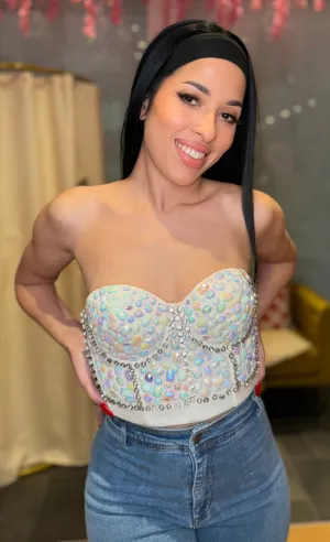 White Rhinestone Pattern Stone Bustier | Elegant Top (C44)