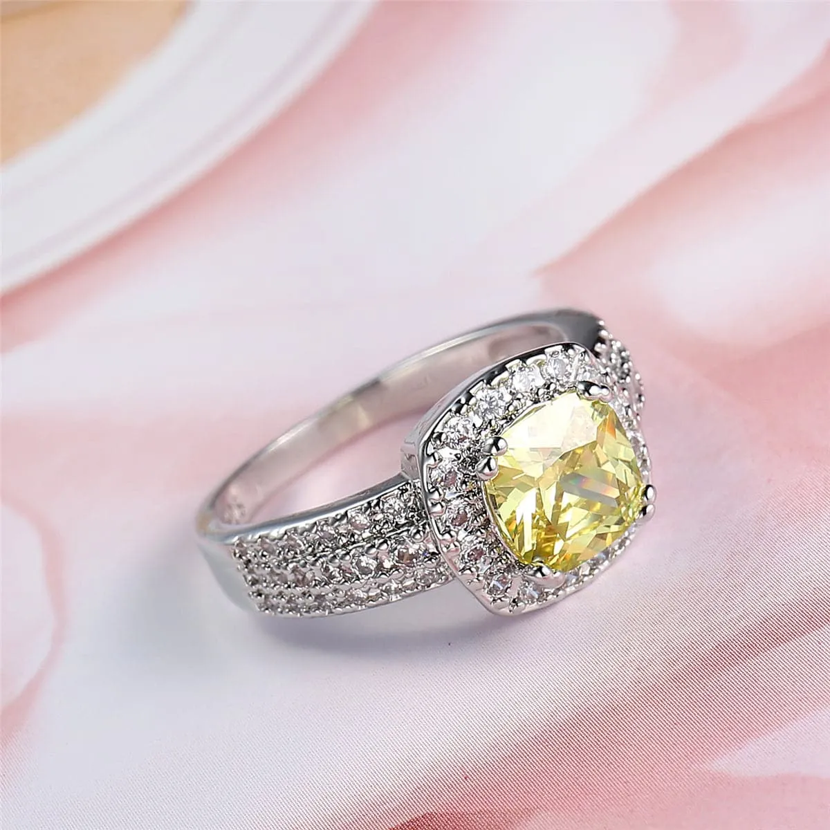 Yellow Crystal & Cubic Zirconia Princess-Cut Halo Ring