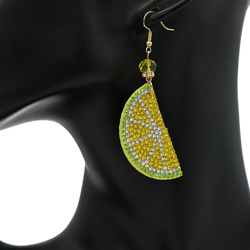 Yellow Lime Beaded Pave Rhinestone Felt Earrings
