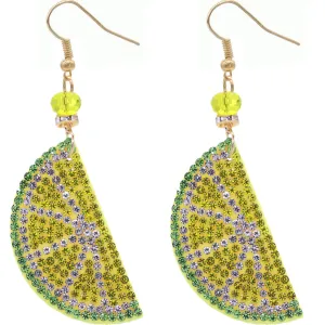 Yellow Lime Beaded Pave Rhinestone Felt Earrings