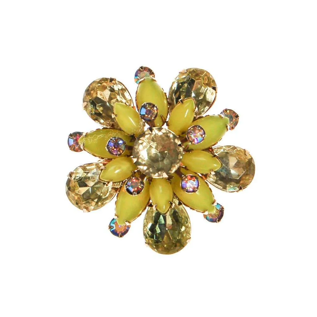 Yellow Rhinestone Brooch, Pin, Round Shape