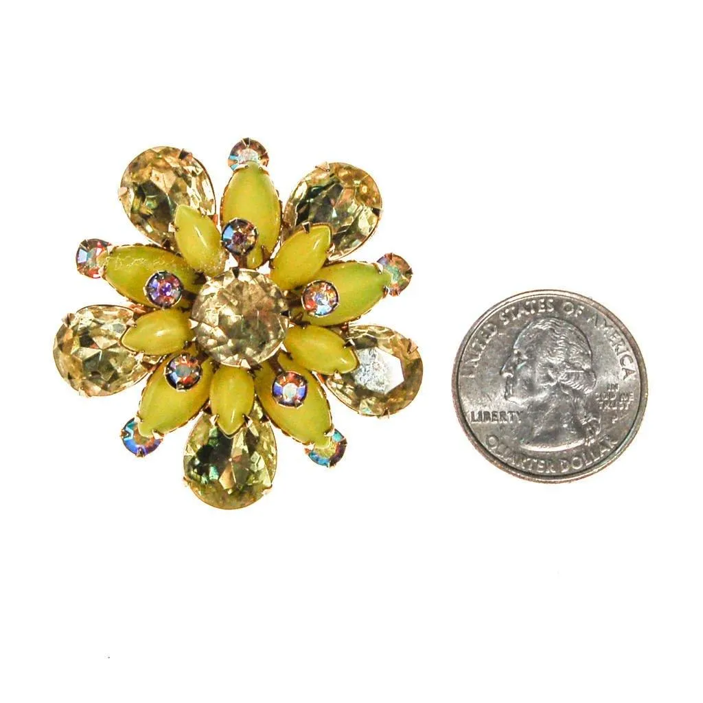 Yellow Rhinestone Brooch, Pin, Round Shape